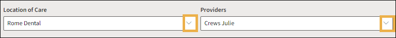 Location of Care and Providers filters with yellow highlight boxes around the drop-down menu arrows.